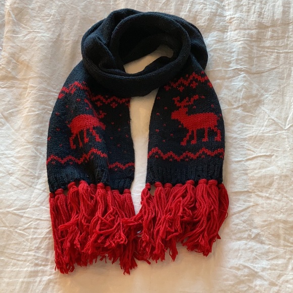 Abercrombie & Fitch navy red winter snow moose scarf with fringes - Picture 2 of 7